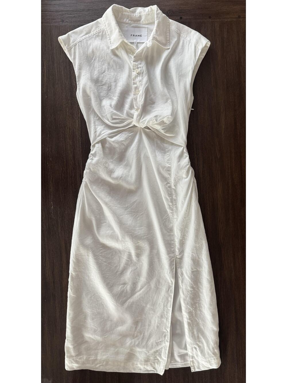 Frame Shirt Dress Womens XS White Twist Front Ruched Midi Side Slit Summer